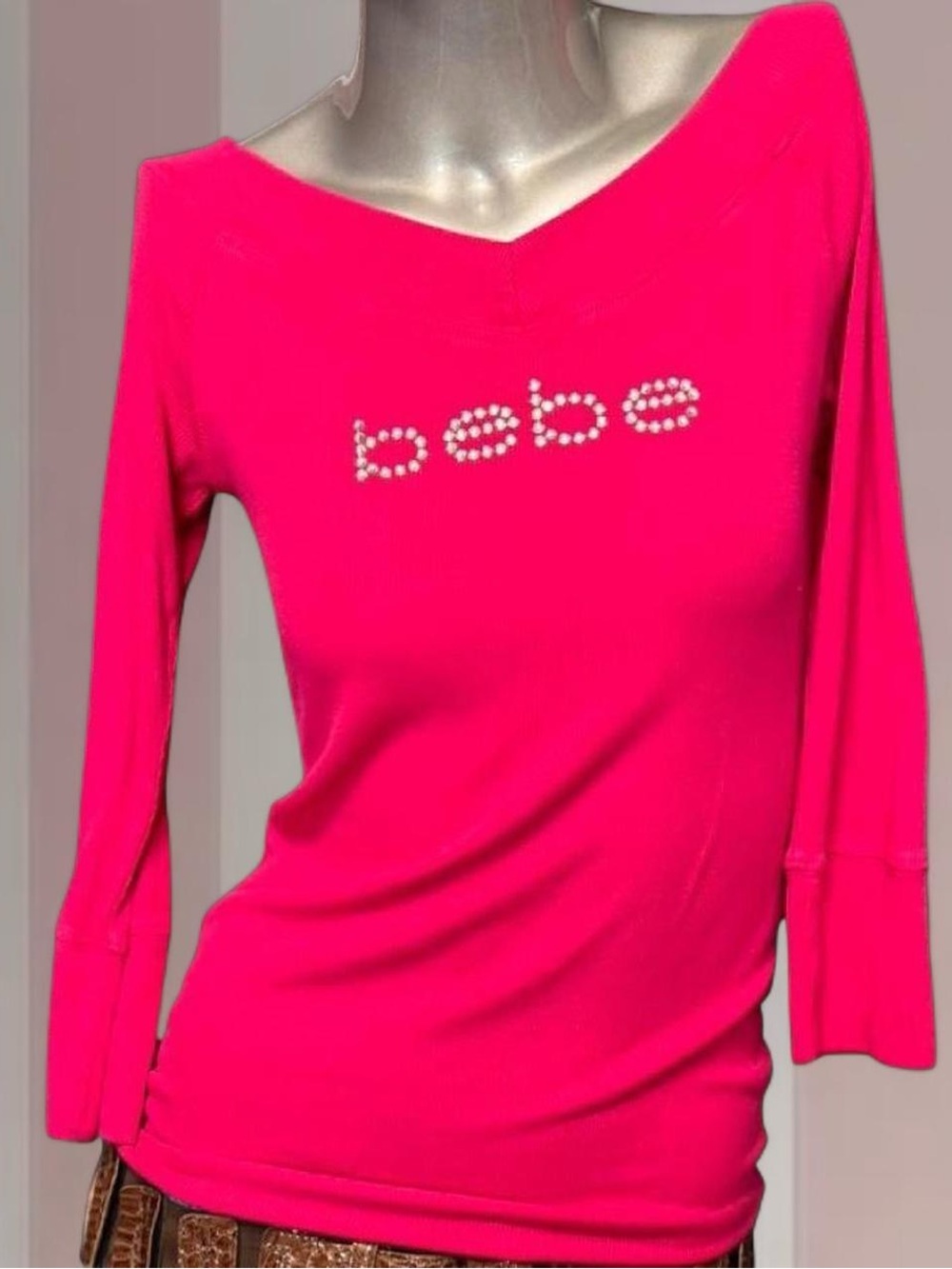 bebe Y2K Hot Pink Ribbed Off-Shoulder Top with Rhinestone Logo